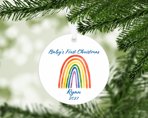 Baby's First Christmas Personalized Ornament - Watercolor Rainbow