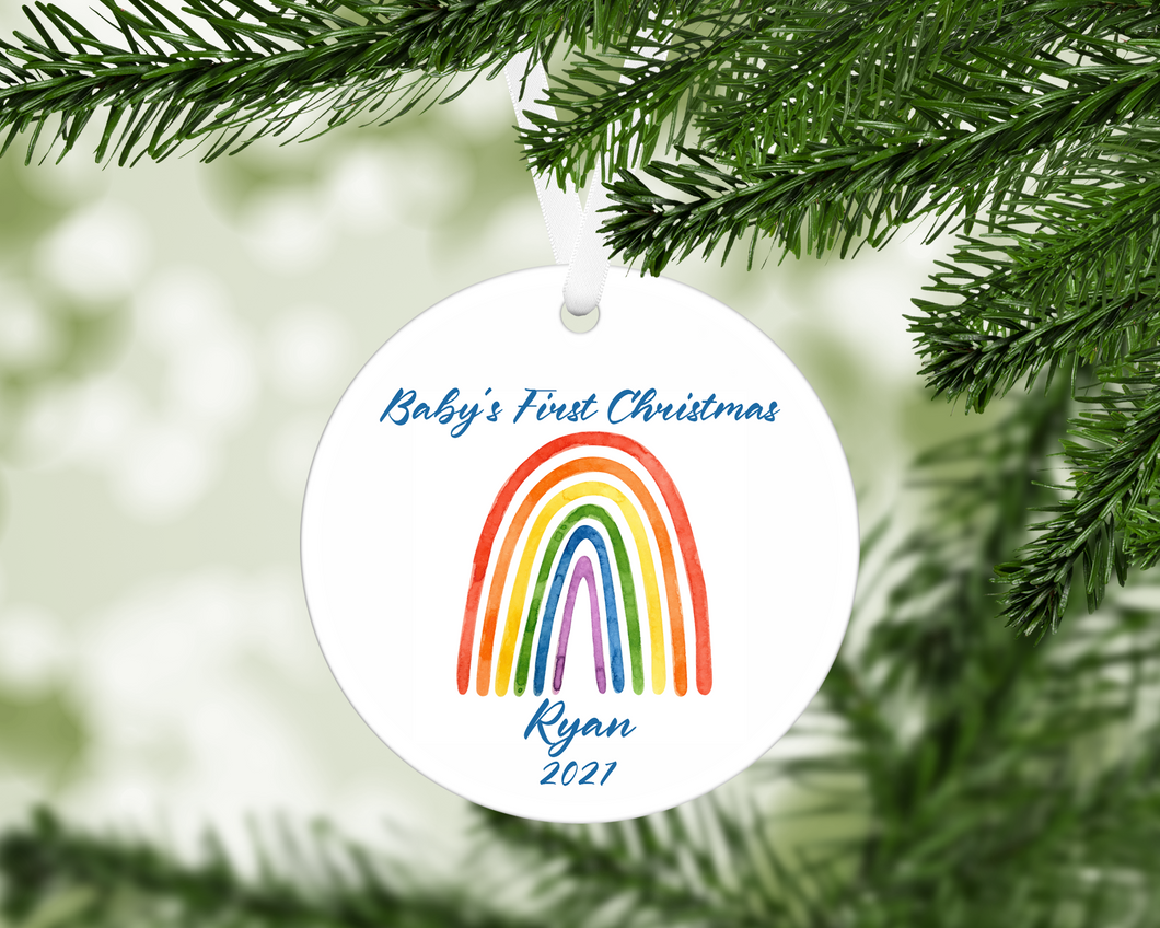 Baby's First Christmas Personalized Ornament - Watercolor Rainbow